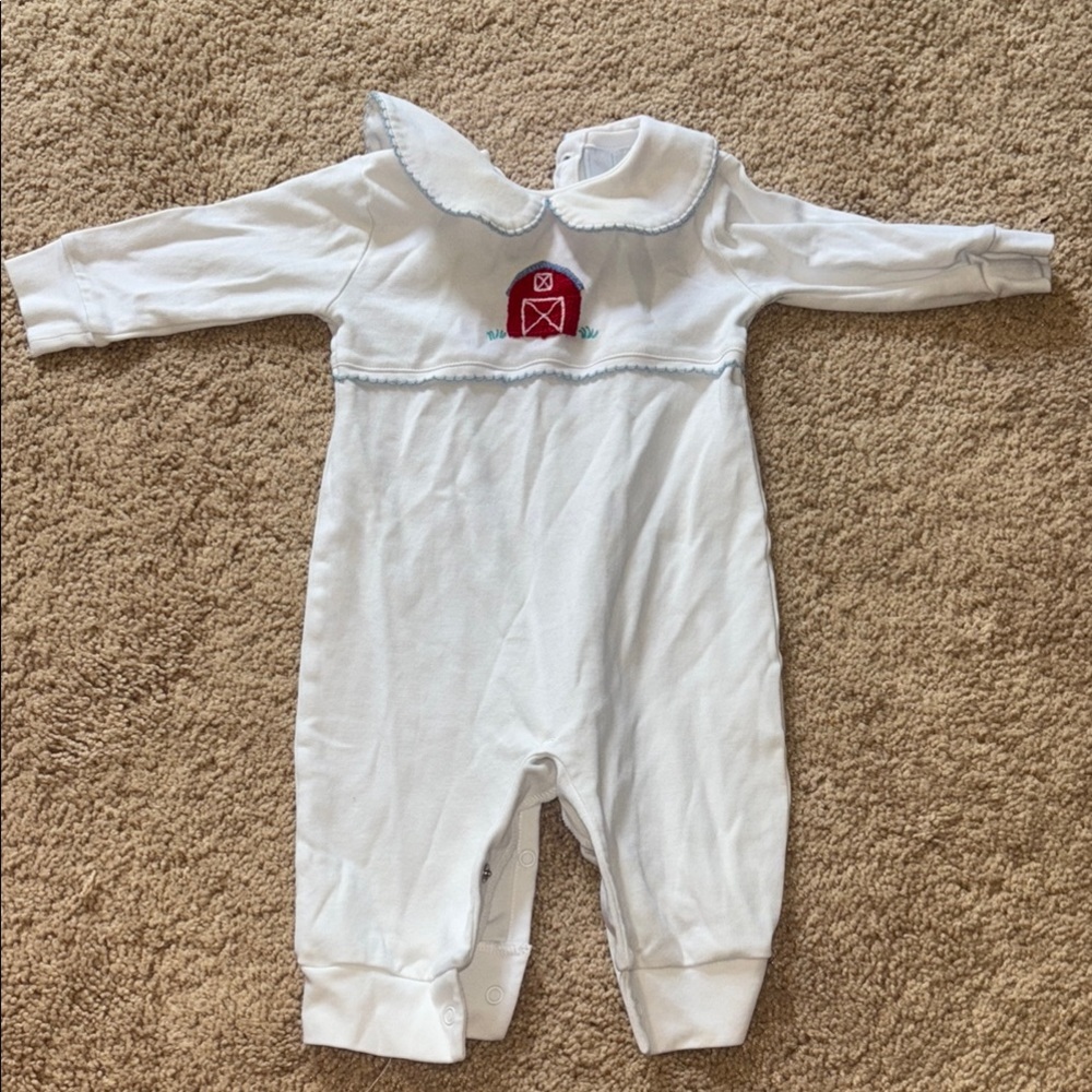 Little English White Baby One Piece with Red Barn Embroidery